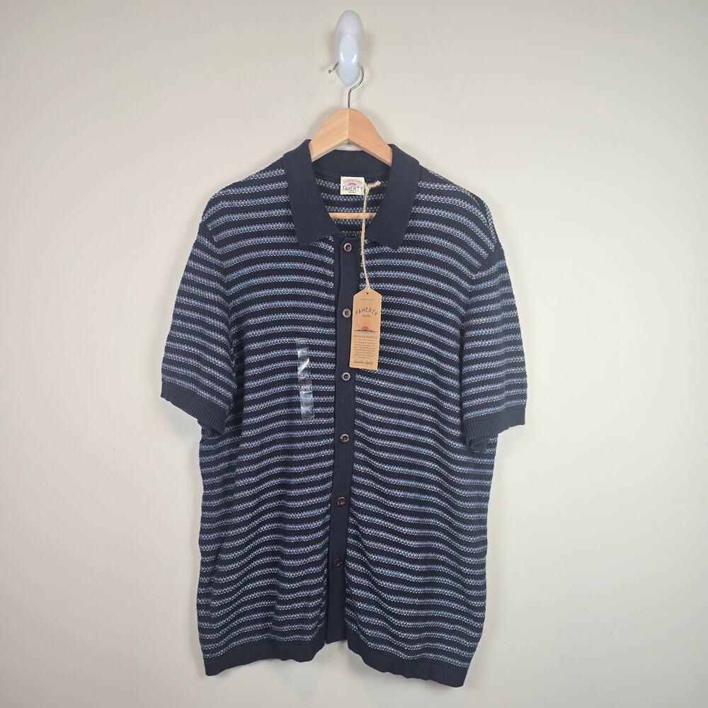 Faherty Mens Size L Short Sleeve Sweater Shirt Button Up Navy Cashmere Blend
